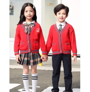 Girls kids boys England style plaid school performance uniforms red cardigan shirt pants choir choir dancers suit for children 